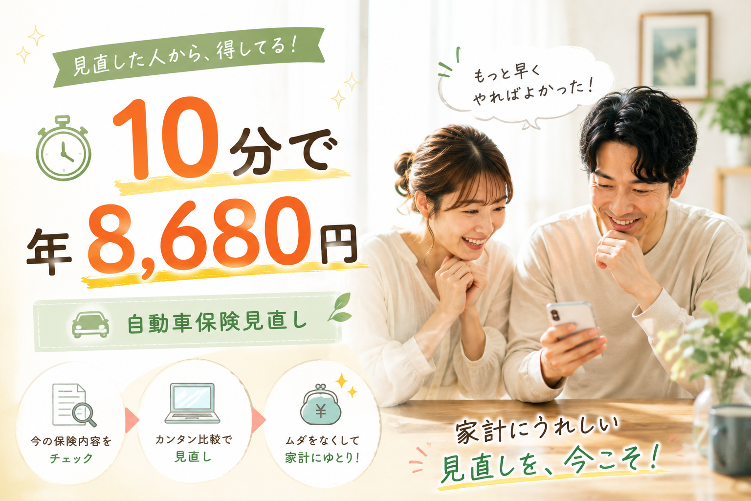 10分で年8,680円。自動車保険の見直しで27,710円が19,030円に