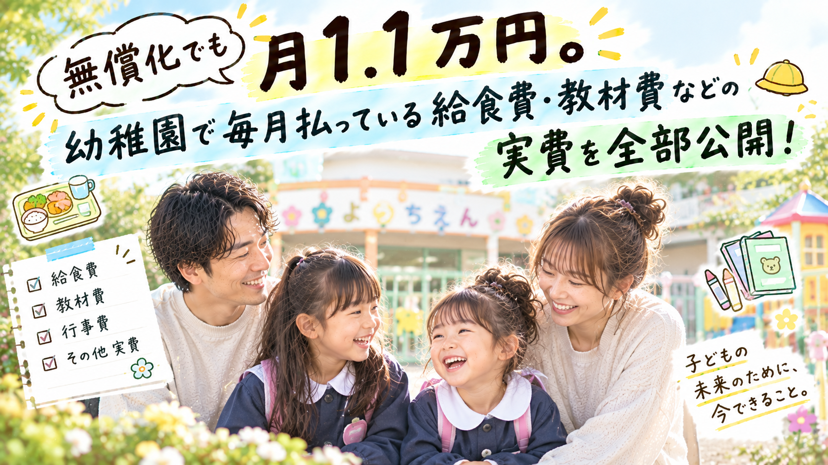 無償化でも月1.1万円｜幼稚園で毎月払っている給食費・教材費などの実費を全部公開した記事のアイキャッチ